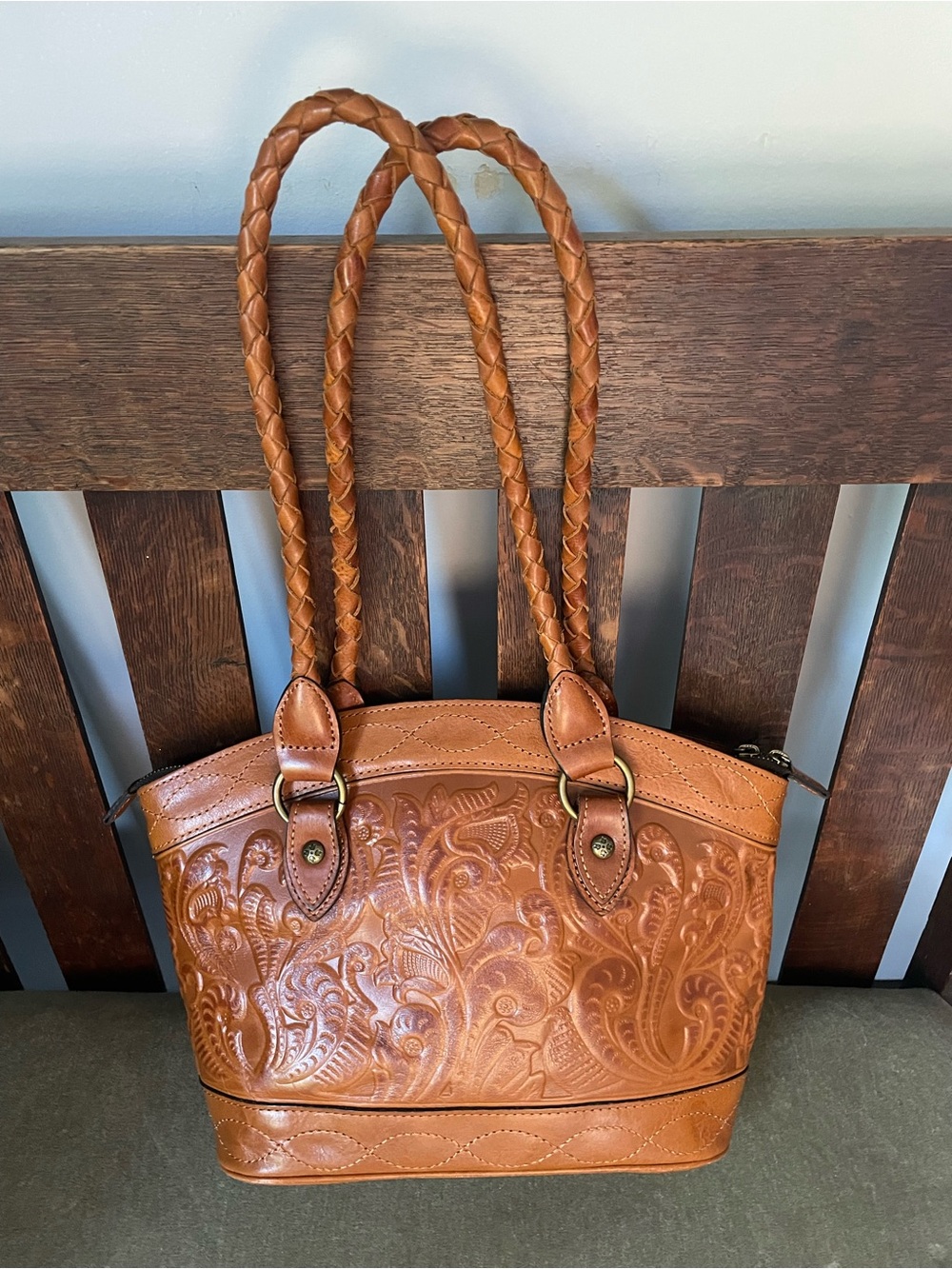 Patricia Nash Tan Tooled Leather Shoulder Tote with Braided Handles *EPOC*